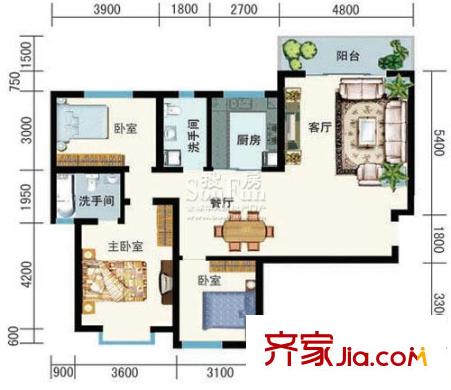 智慧龍城二期戶型圖玲瓏水榭E戶型 3室2廳2衛(wèi)1廚