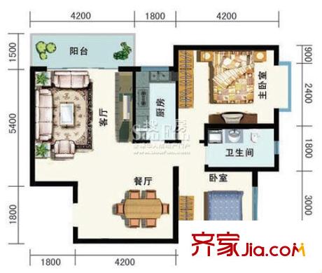 智慧龍城二期戶型圖玲瓏水榭F戶型 2室2廳1衛(wèi)1廚