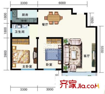 智慧龍城二期戶型圖玲瓏水榭L戶型 2室2廳1衛(wèi)1廚