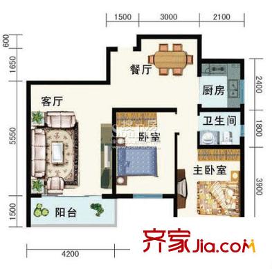 智慧龍城二期戶型圖玲瓏水榭M戶型 2室2廳1衛(wèi)1廚