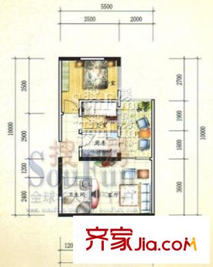 加州陽(yáng)光新城戶(hù)型圖F戶(hù)型 2室1廳1衛(wèi)1廚