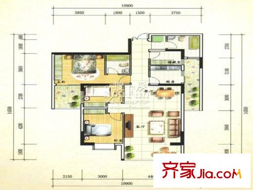 加州陽(yáng)光新城戶(hù)型圖C戶(hù)型 2室2廳1衛(wèi)1廚