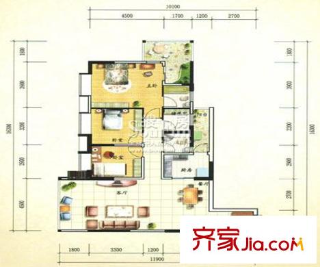 加州陽(yáng)光新城戶(hù)型圖D戶(hù)型 3室2廳1衛(wèi)1廚