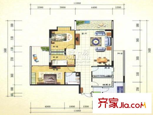 加州陽(yáng)光新城戶(hù)型圖E戶(hù)型 3室2廳1衛(wèi)1廚