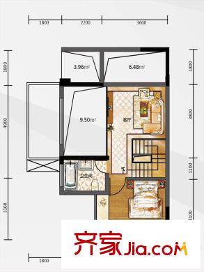 白金壹號(hào)1期E戶型躍上 2室3廳2衛(wèi)1廚