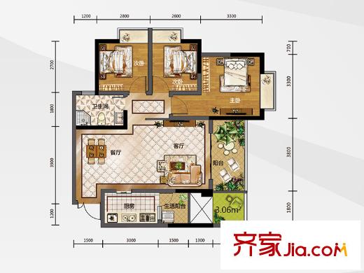 白金壹號(hào)12號(hào)樓4號(hào)房 3室2廳1衛(wèi)1廚