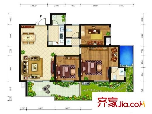 亨特萃山國際社區(qū)1期E2戶型圖 2室2廳2衛(wèi)1廚