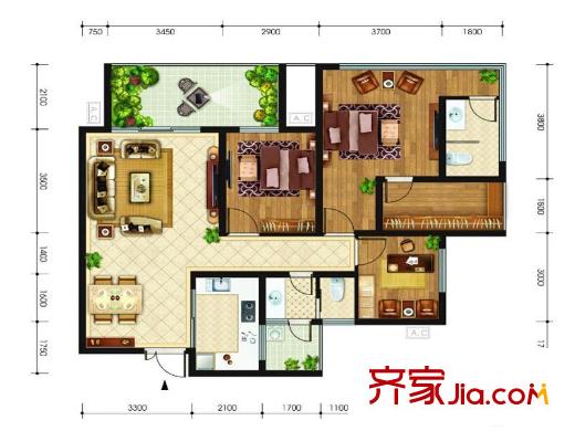 亨特萃山國際社區(qū)1期A1戶型圖 3室2廳2衛(wèi)1廚