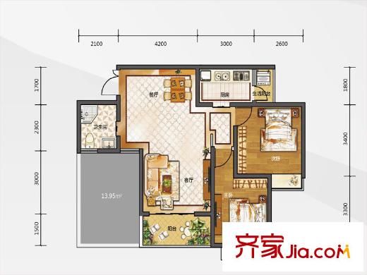 白金壹號(hào)1期B戶型 2室2廳1衛(wèi)1廚