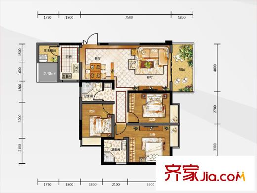 白金壹號(hào)1期H戶型 3室2廳2衛(wèi)1廚
