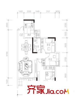 青果二期壹品峰景7號樓B戶型圖105.00平方米 3室2廳2衛(wèi)1廚