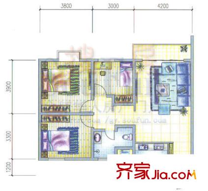 城市魔方5號樓B戶型90.75平方米 3室2廳1衛(wèi)1廚