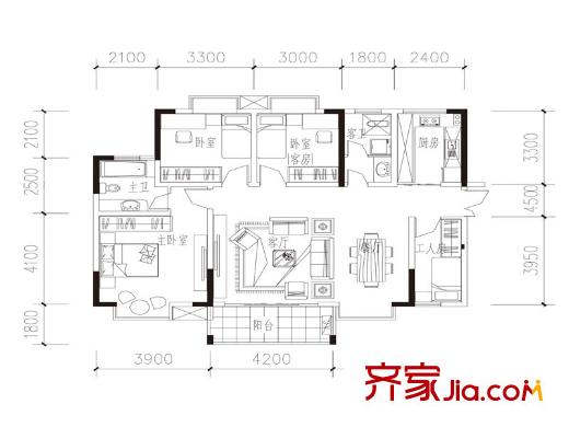 青果二期壹品峰景9號(hào)樓A戶型圖 3室2廳2衛(wèi)1廚