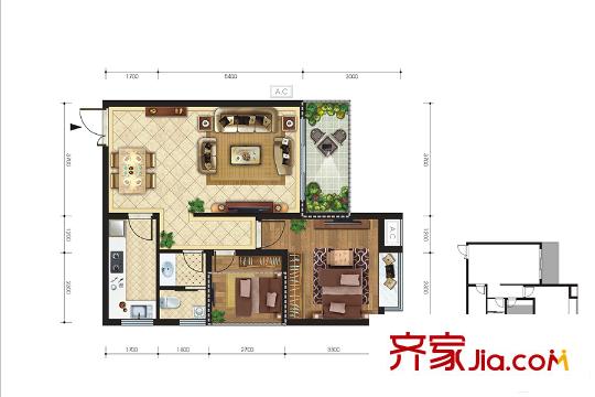 亨特萃山國際社區(qū)項目C戶型73.85平戶型圖 1室2廳2衛(wèi)1廚