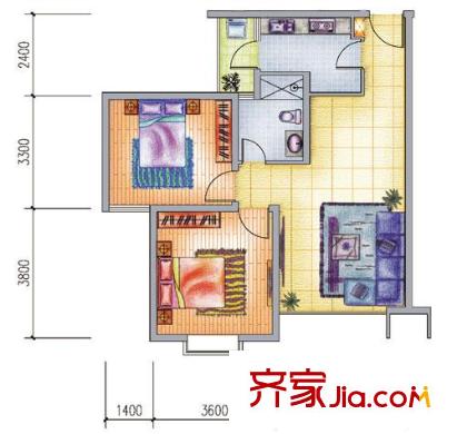 城市魔方1號樓D戶型 2室2廳1衛(wèi)1廚