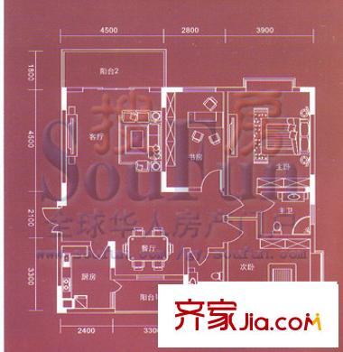 美成名園戶型圖3室2廳2衛(wèi)1廚