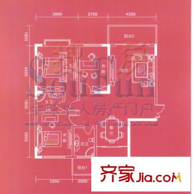 美成名園戶型圖E 3室2廳2衛(wèi)1廚