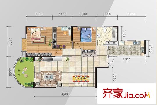 金熙府二單元一號戶型圖 3室2廳1衛(wèi)1廚