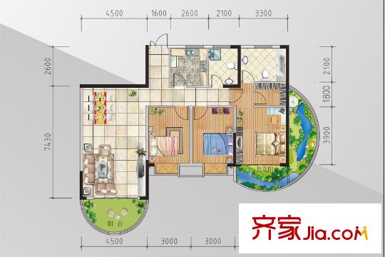 金熙府二單元四號戶型圖 3室2廳2衛(wèi)1廚