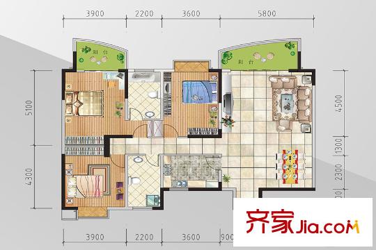 金熙府二單元二號戶型圖 3室2廳2衛(wèi)1廚