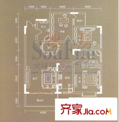 美成名園戶型圖3室2廳2衛(wèi)1廚