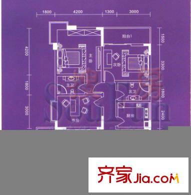 美成名園戶型圖C 3室2廳2衛(wèi)1廚