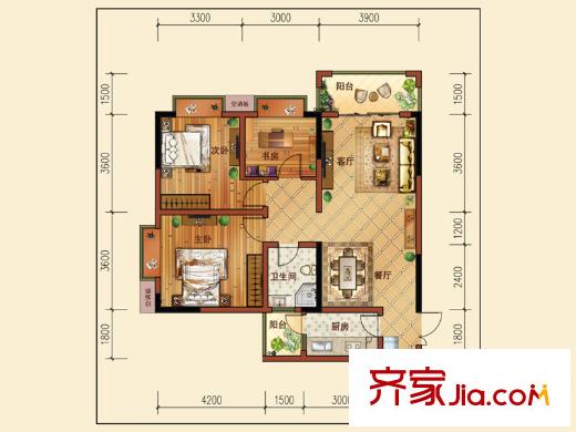 華屹御景苑戶型圖3棟E戶型 3室2廳1衛(wèi)1廚