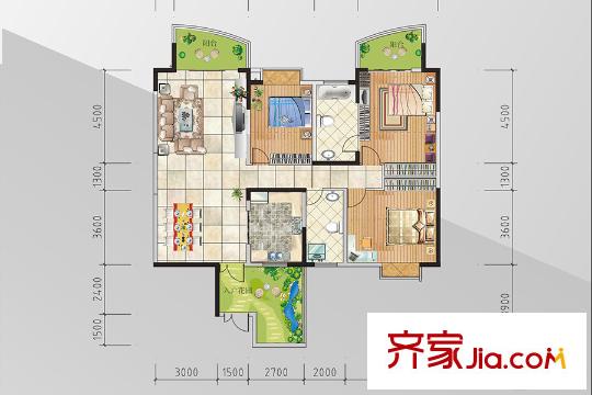 金熙府一單元三號戶型圖162.83平方米 3室2廳1廚