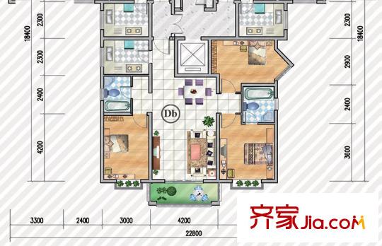 金獅小區(qū)順海組團(tuán)戶型圖項(xiàng)目4、7、13、28號(hào)樓Db戶型 3室2廳2衛(wèi)1廚
