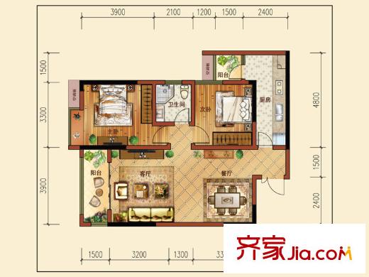 華屹御景苑戶型圖3棟F戶型 2室2廳1衛(wèi)1廚