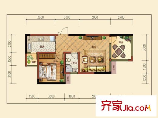 華屹御景苑戶型圖3棟H戶型 1室1廳1衛(wèi)1廚