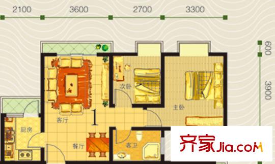 理想城A1-A4棟標(biāo)準(zhǔn)層1號(hào)戶型 2室2廳1衛(wèi)1廚