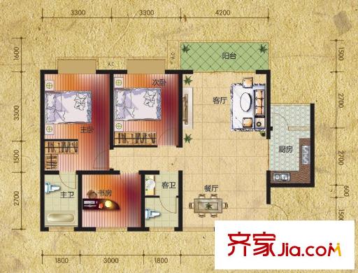 理想城C戶型 3室2廳2衛(wèi)1廚