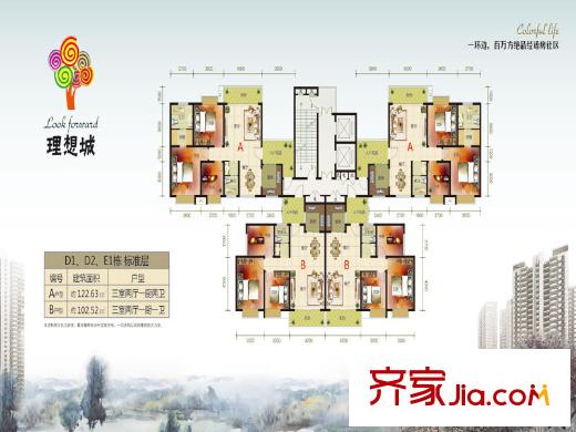 理想城戶型D1D2E1E3標(biāo)準(zhǔn)層122.63平方米 3室2廳2衛(wèi)