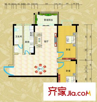 升遠大廈戶型圖1號樓B戶型 2室2廳1衛(wèi)1廚