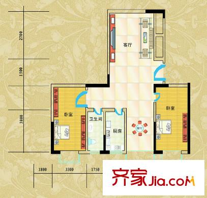 升遠大廈戶型圖1號樓D戶型 2室2廳1衛(wèi)1廚