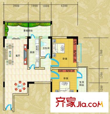 升遠大廈戶型圖1號樓C戶型 2室2廳1衛(wèi)1廚