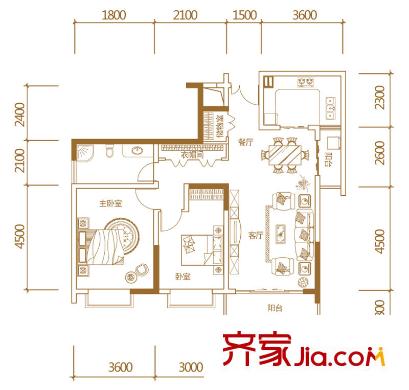 星河國(guó)際一期2號(hào)戶型102.65平方米 2室2廳1衛(wèi)1廚