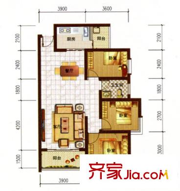 陽晨美林標(biāo)準(zhǔn)層C2戶型90.71平方米 3室2廳1衛(wèi)1廚