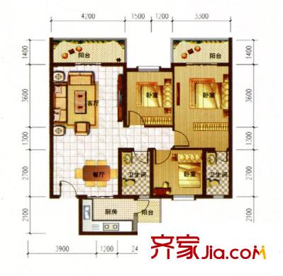 陽晨美林標(biāo)準(zhǔn)層D1戶型 3室2廳2衛(wèi)1廚