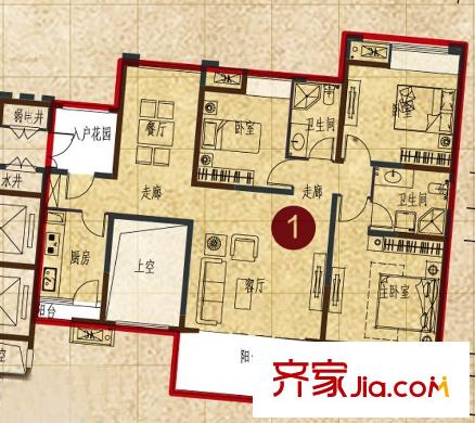 保利紫薇郡9-4號樓奇數(shù)層一單元一號房戶型 3室2廳2衛(wèi)1廚