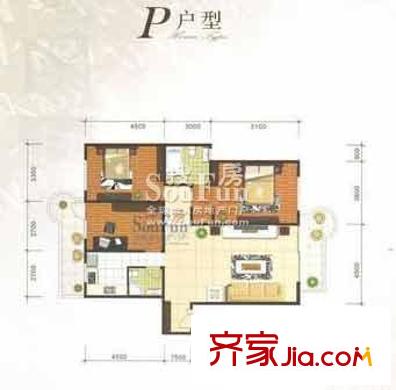 公園2008戶型圖P戶型 3室2廳2衛(wèi)1廚