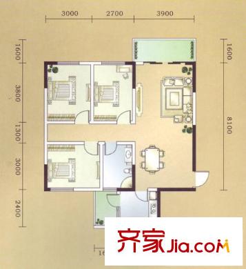 悅景新城戶型圖文錦閣1棟F2 3室2廳1衛(wèi)1廚