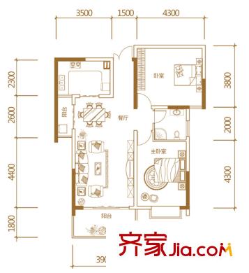 星河國(guó)際一期2號(hào)戶型兩室兩廳96平 2室2廳1衛(wèi)1廚