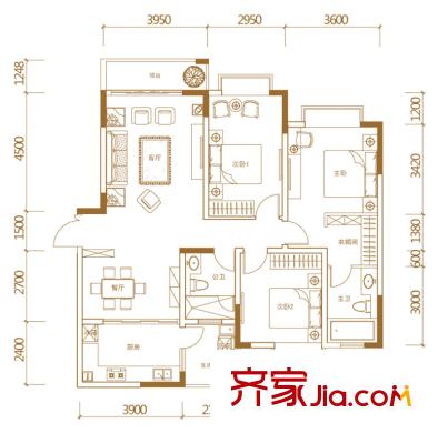 星河國(guó)際一期5號(hào)戶型127.36平方米 3室2廳2衛(wèi)1廚