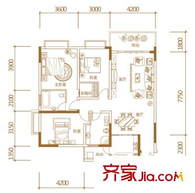 星河國(guó)際一期1號(hào)戶型129.41平方米 3室2廳2衛(wèi)1廚