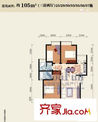 興隆城市花園碧波居戶型圖3室2廳2衛(wèi)1廚