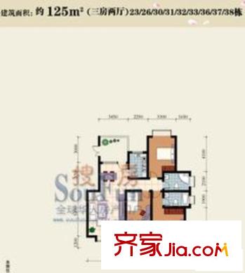 興隆城市花園碧波居戶型圖3室2廳2衛(wèi)1廚