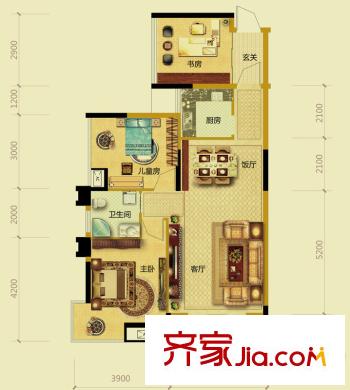 恒森自在城一期7、8號(hào)樓D戶型 3室2廳1衛(wèi)1廚