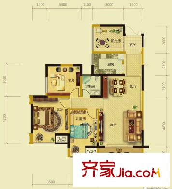 恒森自在城一期3、4、5、6號樓A戶型 4室2廳1衛(wèi)1廚